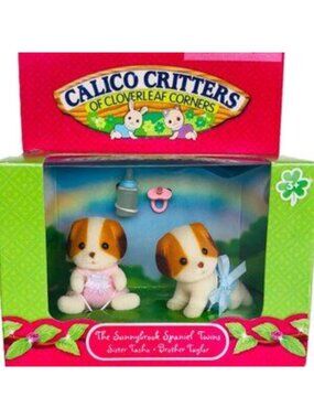Calico Critters Sunnybrook Spaniel Twins w/baby bottle, pacifier New in Box